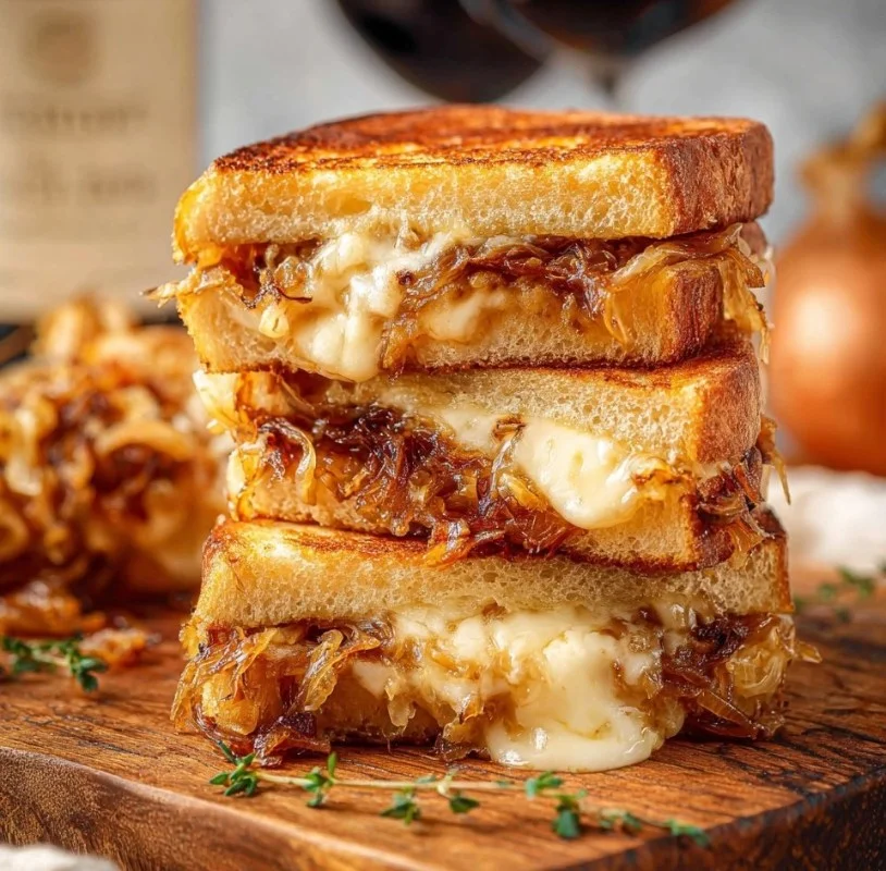 Melty French Onion Grilled Cheese sandwich with caramelized onions and cheese on toasted bread.