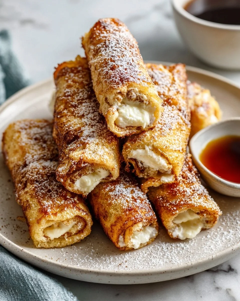 Delicious French Toast Roll-Ups filled with sweet cream cheese and rolled in cinnamon sugar