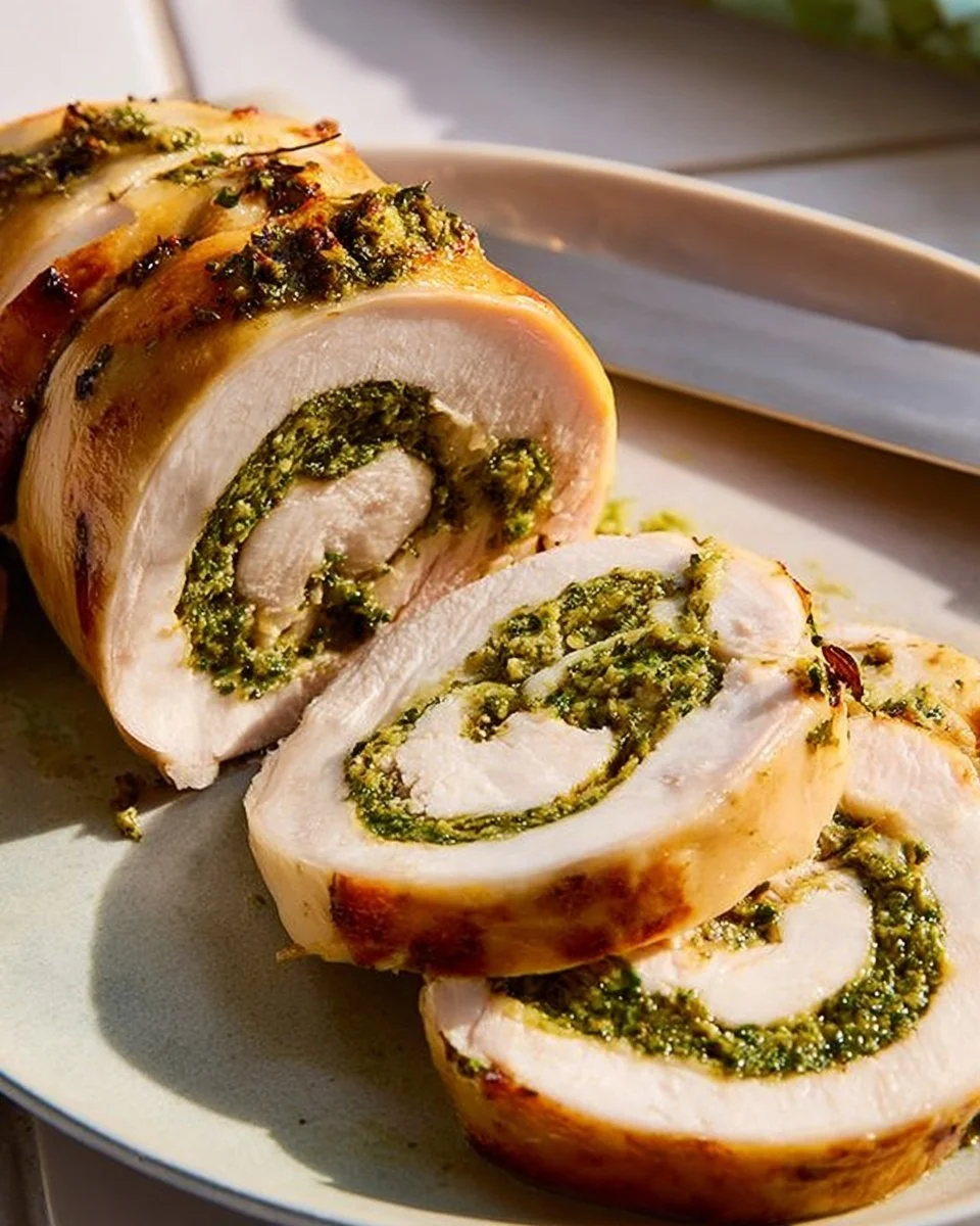 Garlic and Herb Turkey Roulade served on a wooden platter with herbs.