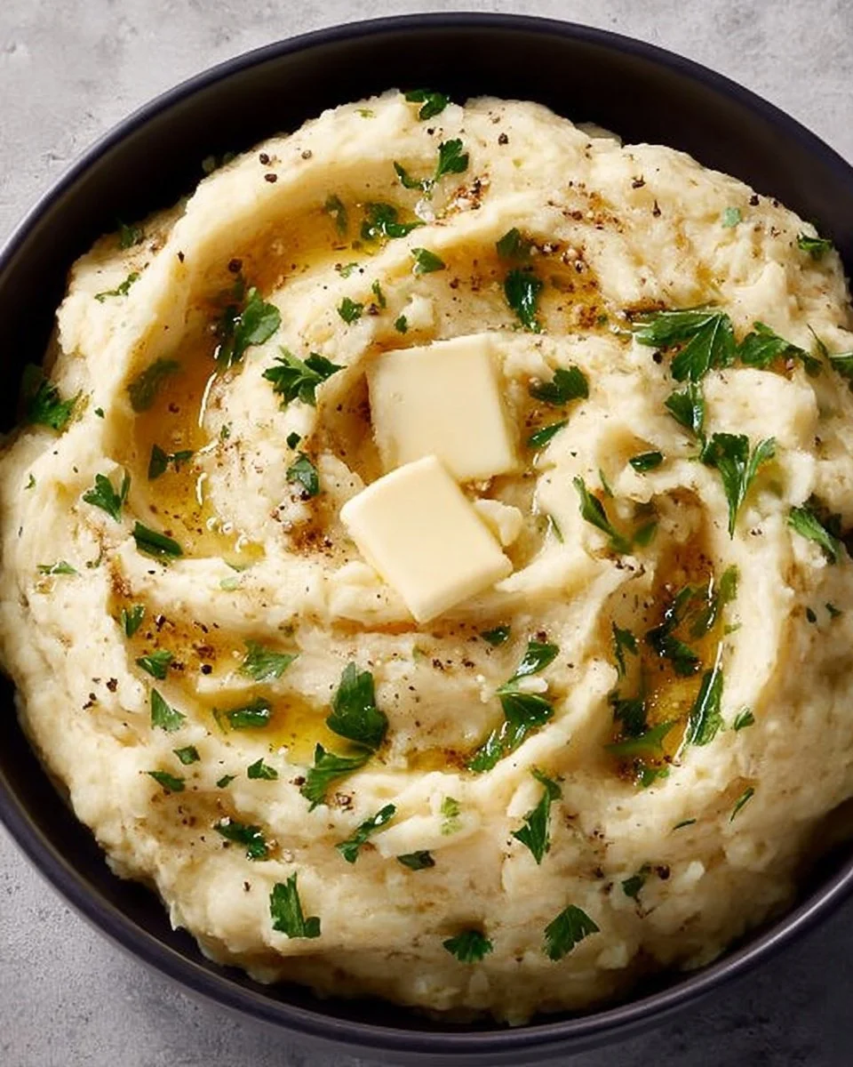 Bowl of creamy garlic mashed potatoes topped with herbs and garlic