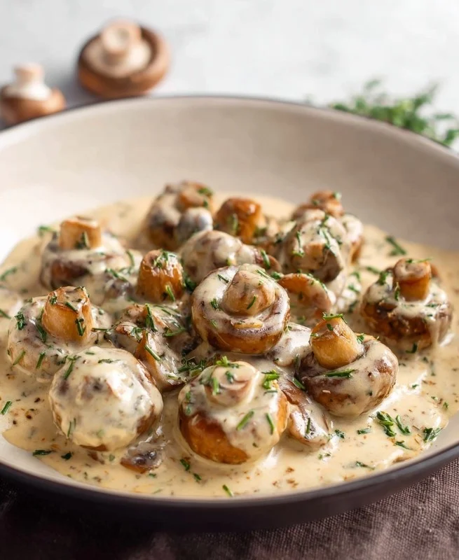 Sautéed garlic mushrooms garnished with herbs in a skillet