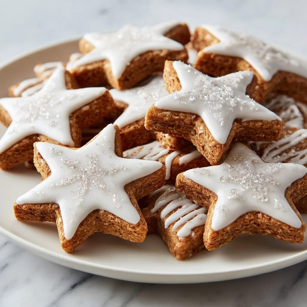 A plate of German cinnamon stars decorated with icing and placed on a festive table.