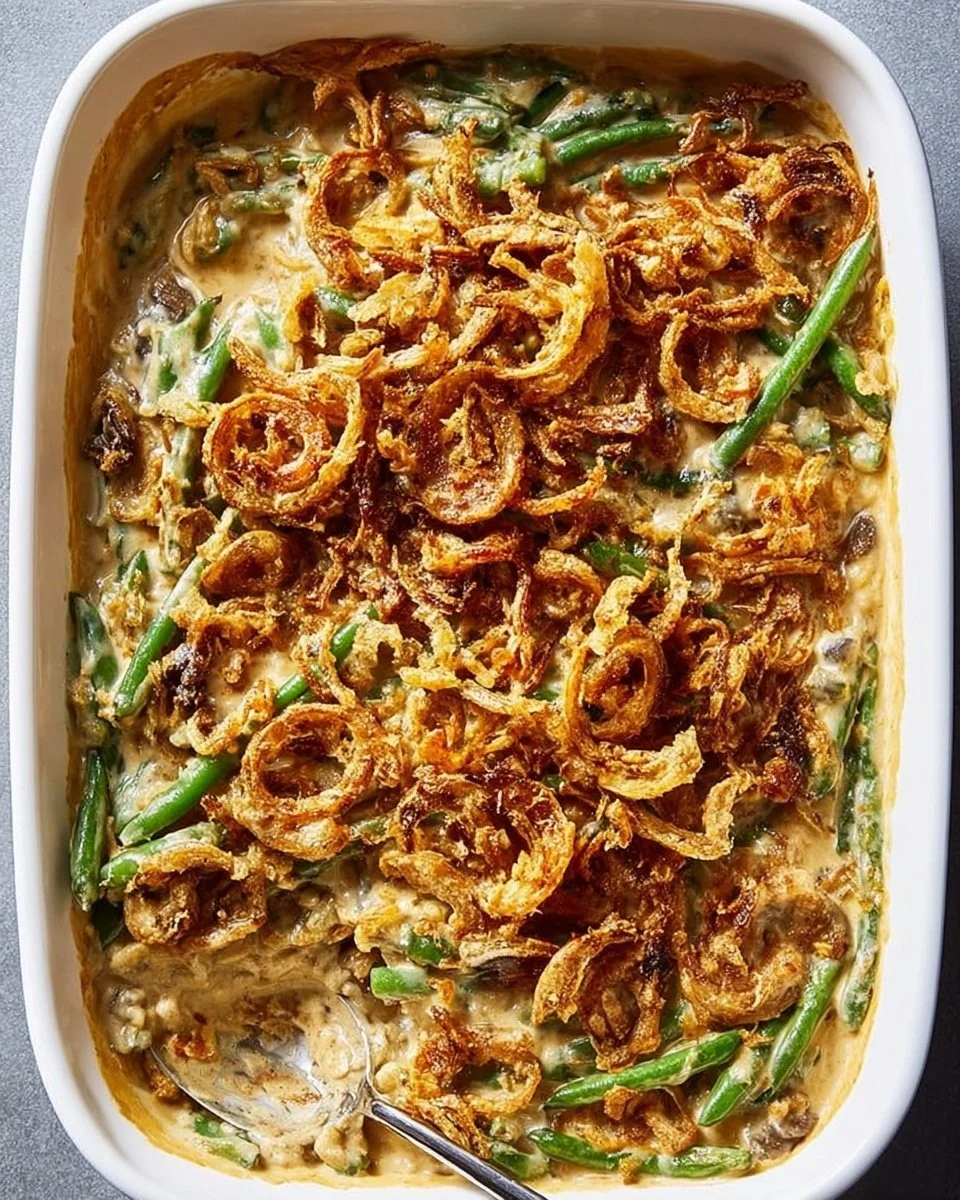 Delicious green bean casserole served in a baking dish with crispy topping