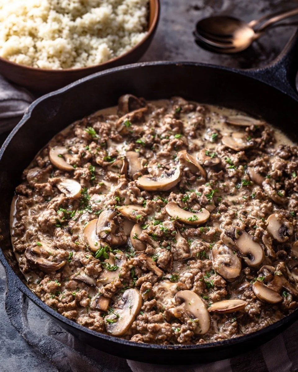 Creamy Ground Turkey and Mushroom Stroganoff served on a plate