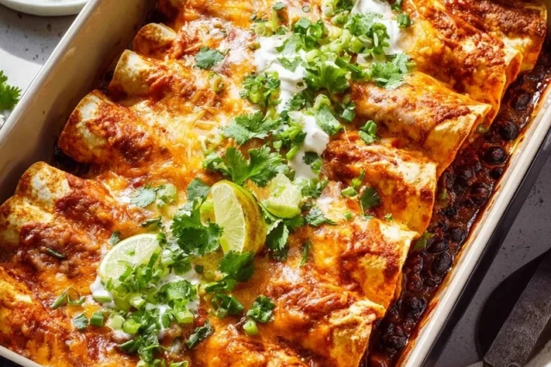 Plate of Ground Turkey Enchiladas topped with cheese and salsa