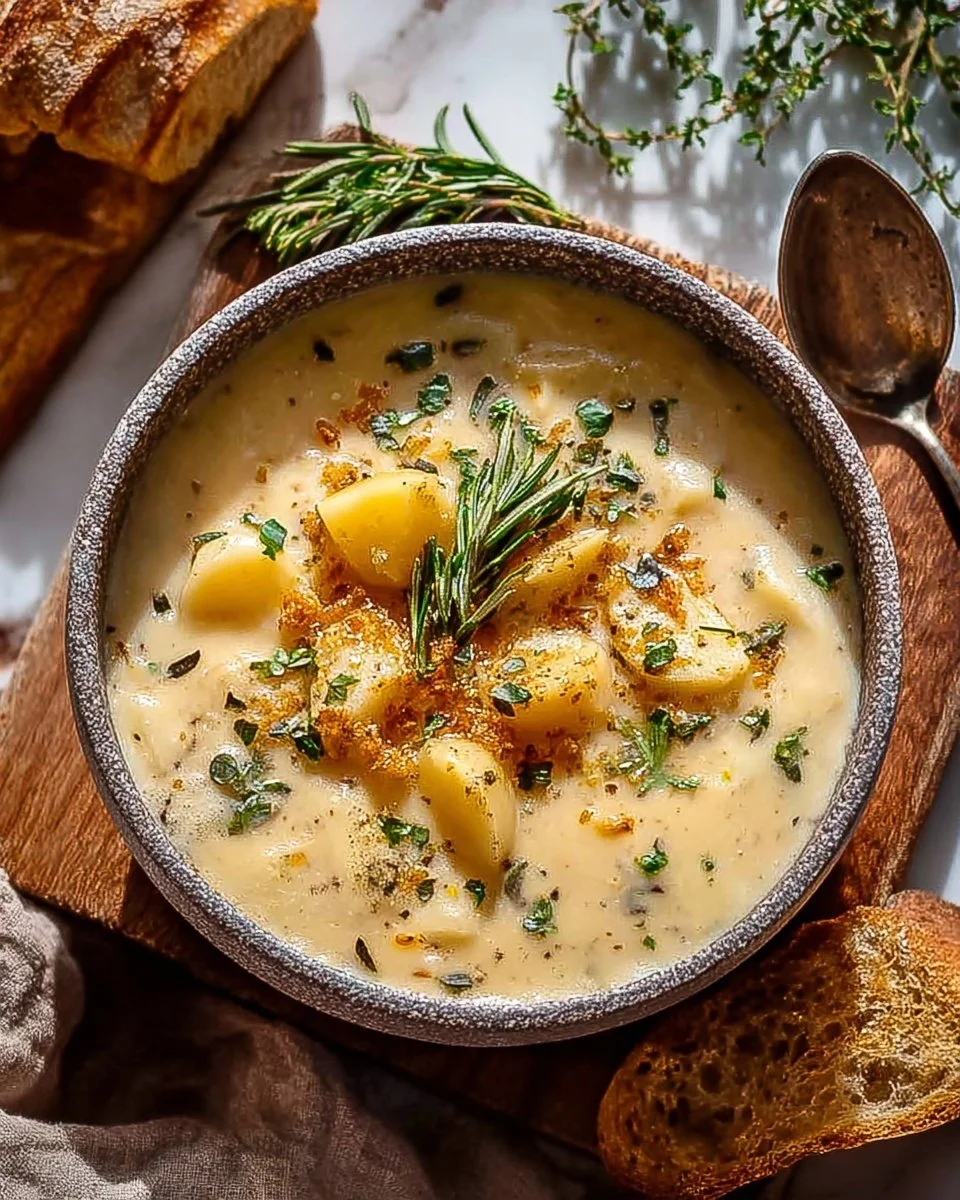 Bowl of hearty cheddar garlic herb potato soup garnished with fresh herbs.