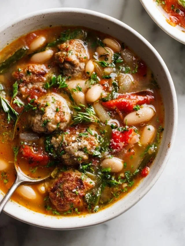 Bowl of hearty Italian sausage and white bean soup garnished with fresh herbs