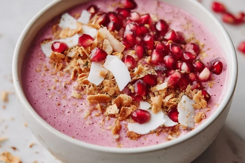 Delicious holiday pomegranate smoothie bowl topped with fresh fruit and granola