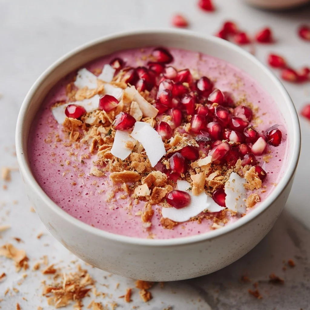Delicious holiday pomegranate smoothie bowl topped with fresh fruit and granola
