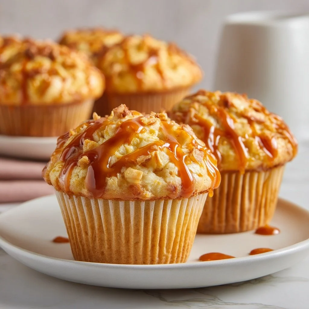Delicious homemade caramel apple muffins topped with gooey caramel
