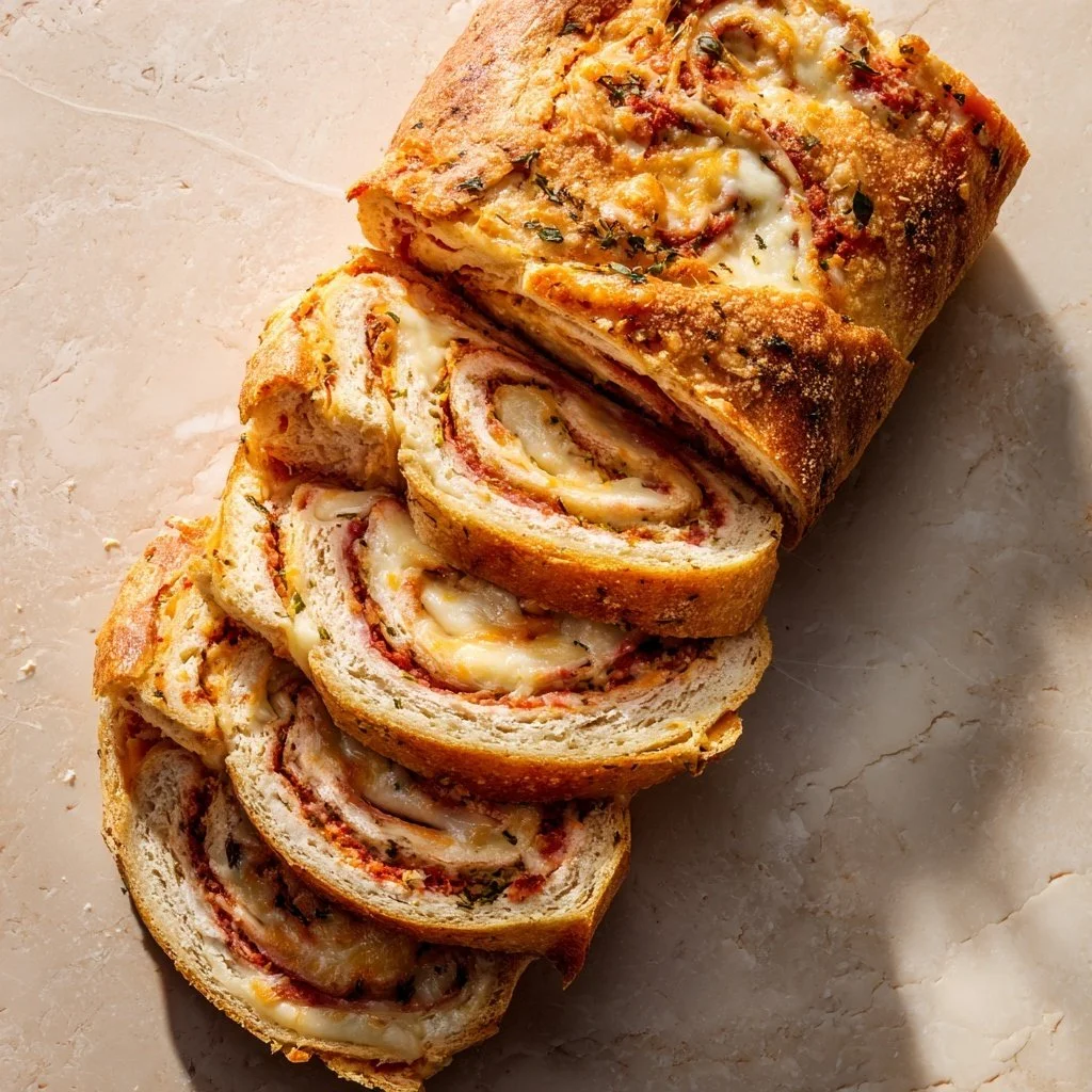 Homemade stromboli filled with cheese and meats, fresh out of the oven.