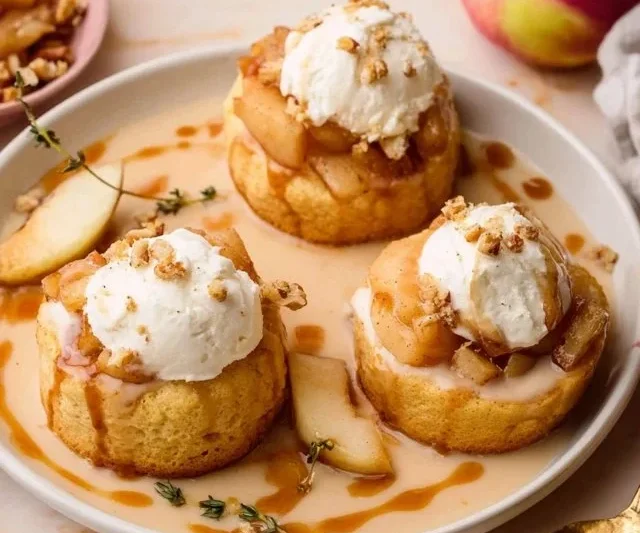Delicious Instant Pot Fireball Apple Shortcakes dessert topped with whipped cream.