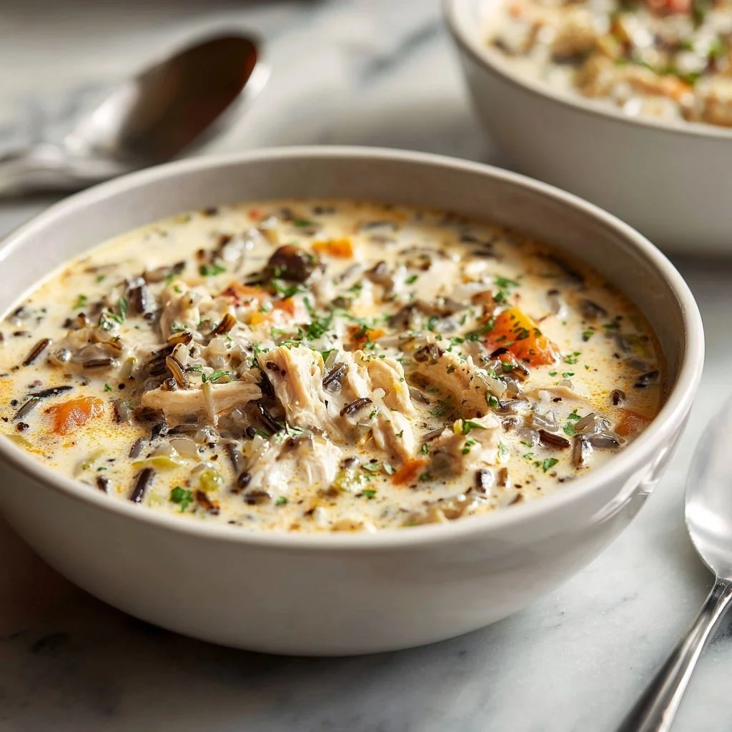 Bowl of leftover turkey wild rice soup garnished with herbs