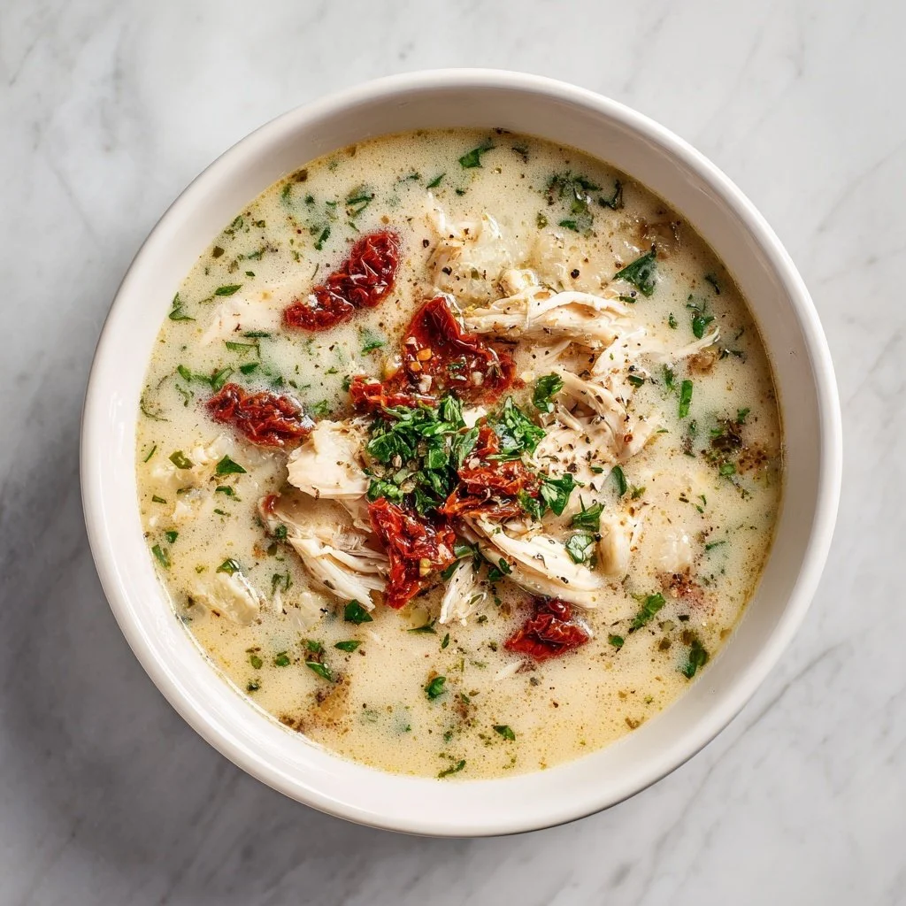 Delicious bowl of Marry Me Chicken Soup with herbs and spices