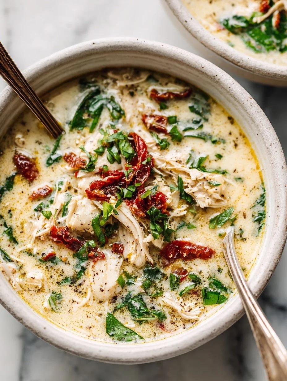 A comforting bowl of Marry Me Chicken Soup garnished with herbs and spices.