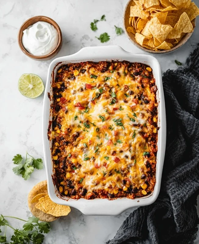 A colorful Mexican quinoa casserole garnished with fresh cilantro and lime.