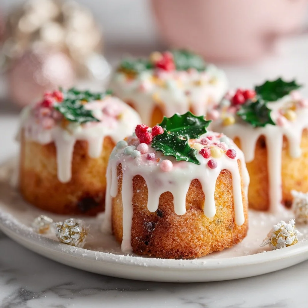 Delicious mini Christmas cakes decorated for the holiday season