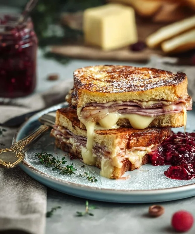 Delicious Monte Cristo sandwich with ham, turkey, and cheese, fried to perfection.