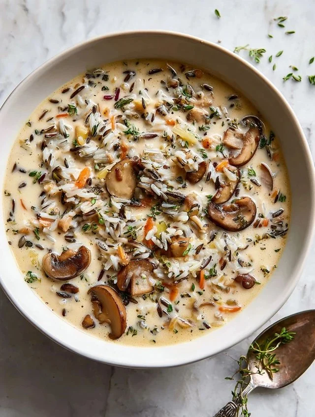 Delicious bowl of Mushroom Wild Rice Soup garnished with fresh herbs