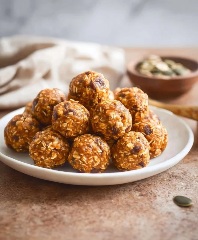 No Bake Pumpkin Oat Energy Balls on a plate, healthy snack option