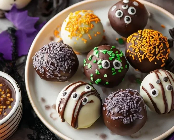 Delicious homemade Oreo Balls coated in chocolate and sprinkled with Oreo bits.