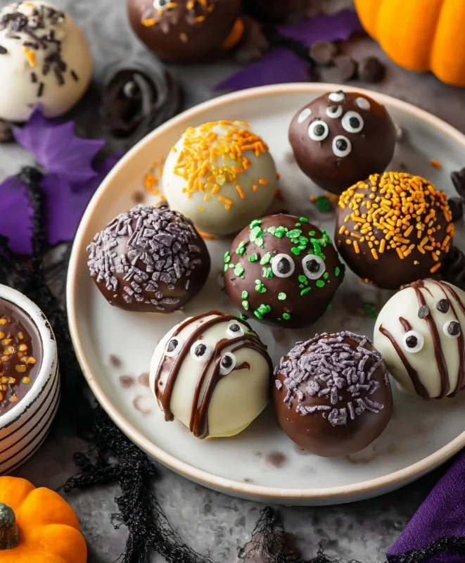 Delicious homemade Oreo Balls coated in chocolate and sprinkled with Oreo bits.