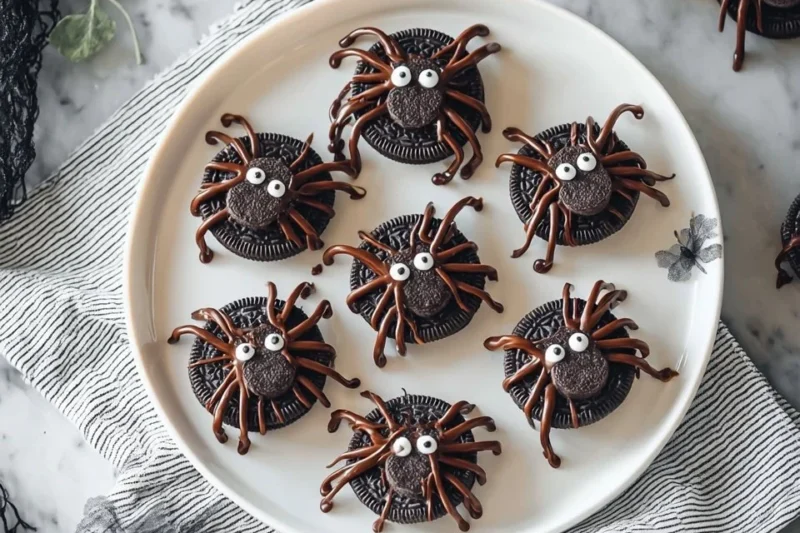 Oreo Spiders Halloween treat made with Oreo cookies and candy legs.