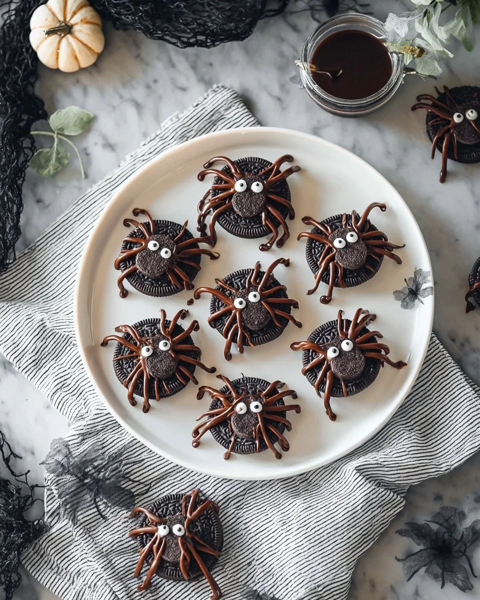 Oreo Spiders Halloween treat made with Oreo cookies and candy legs.