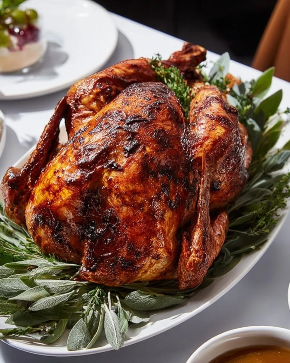 Delicious oven-roasted turkey on a platter, garnished with herbs.