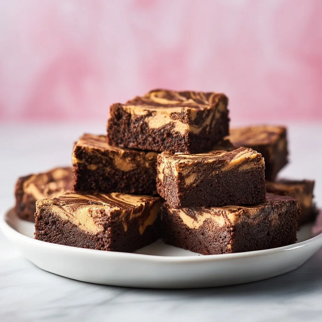 Deliciously rich Peanut Butter Brownies topped with creamy peanut butter swirl
