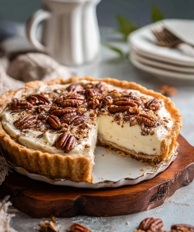 Delicious pecan cream pie topped with pecans and whipped cream on a golden crust