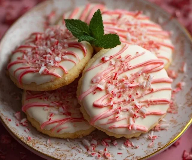 Plate of homemade peppermint biscuit cookies decorated with crushed candy canes