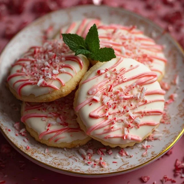 Plate of homemade peppermint biscuit cookies decorated with crushed candy canes