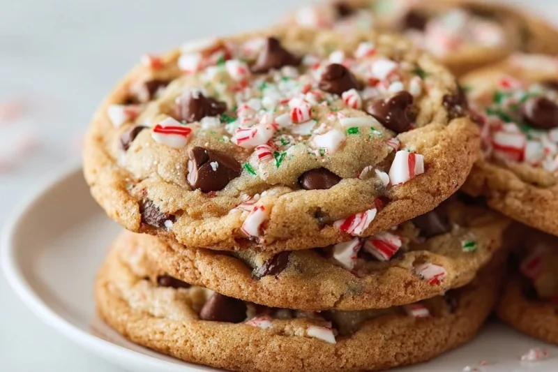 Freshly baked peppermint chocolate chip cookies on a cooling rack