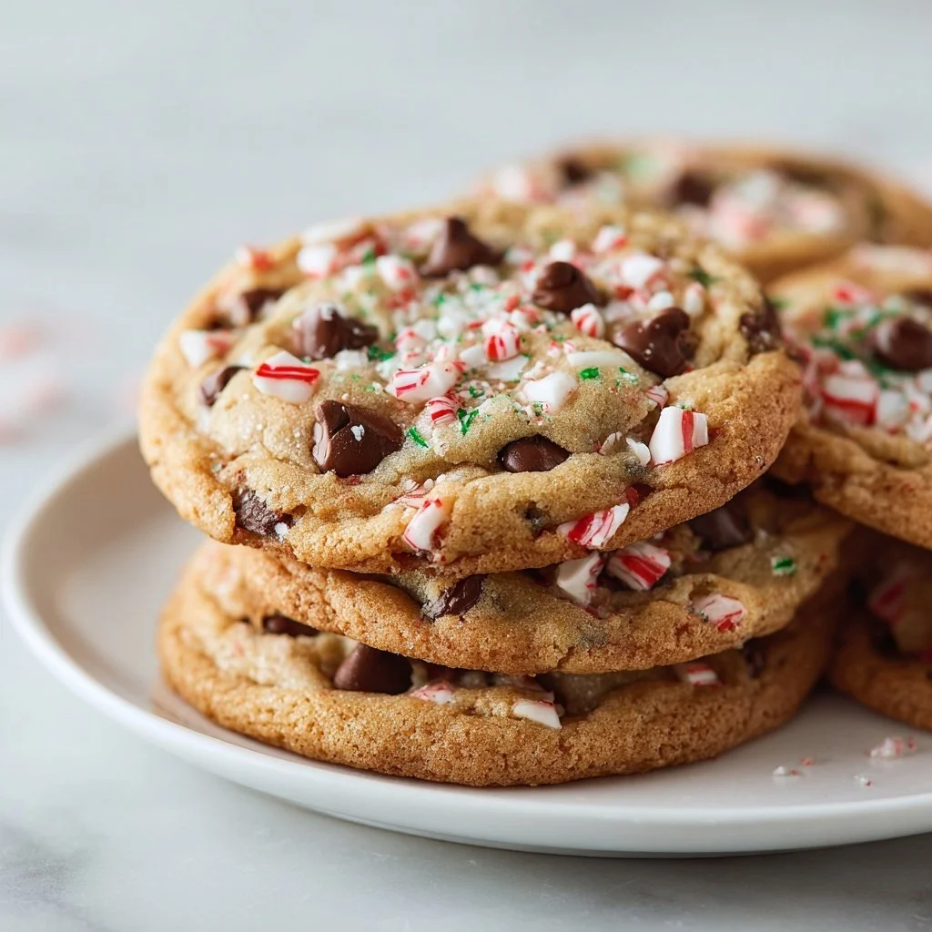 Freshly baked peppermint chocolate chip cookies on a cooling rack