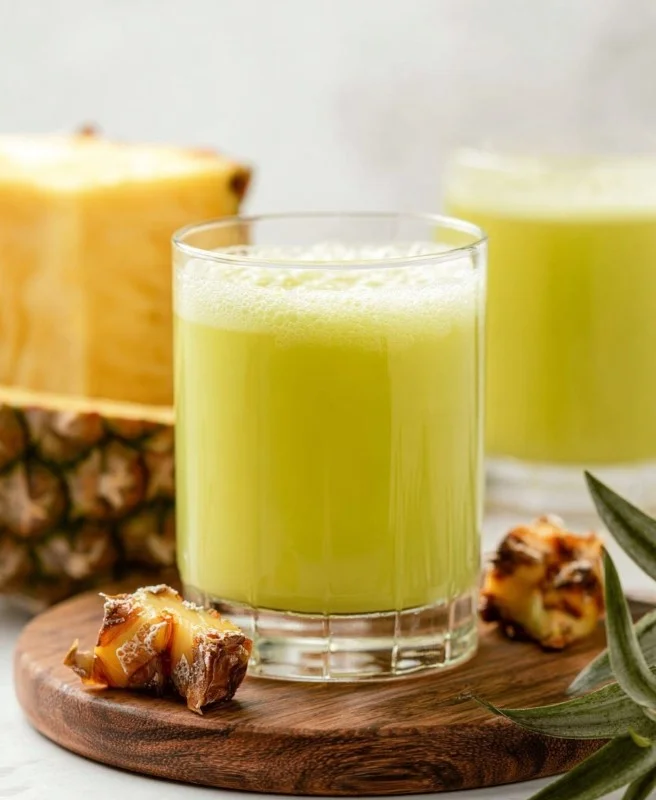 Refreshing glass of pineapple cucumber juice garnished with cucumber slices