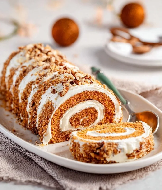 Delicious praline pumpkin cake roll with cream filling and fall spices