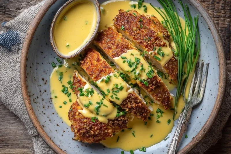 Pretzel Chicken with Mustard-Cheddar Sauce