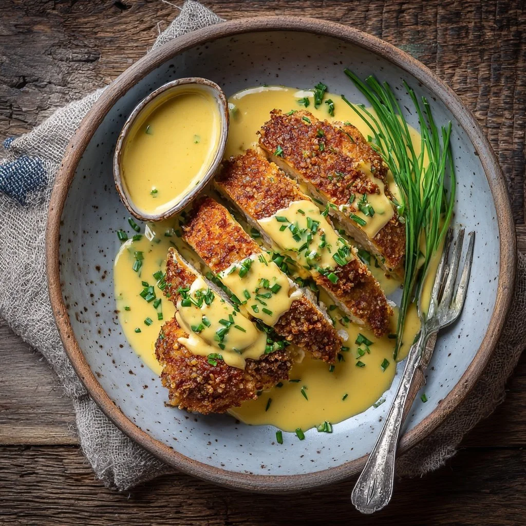 Pretzel Chicken served with a rich Mustard-Cheddar Sauce