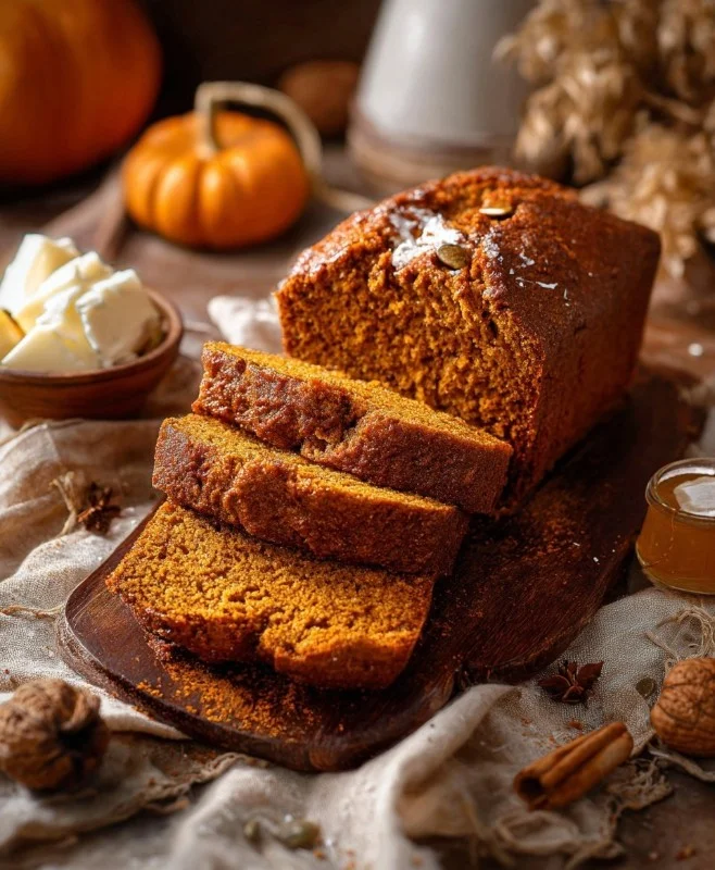 Loaf of freshly baked pumpkin bread with spices and nuts