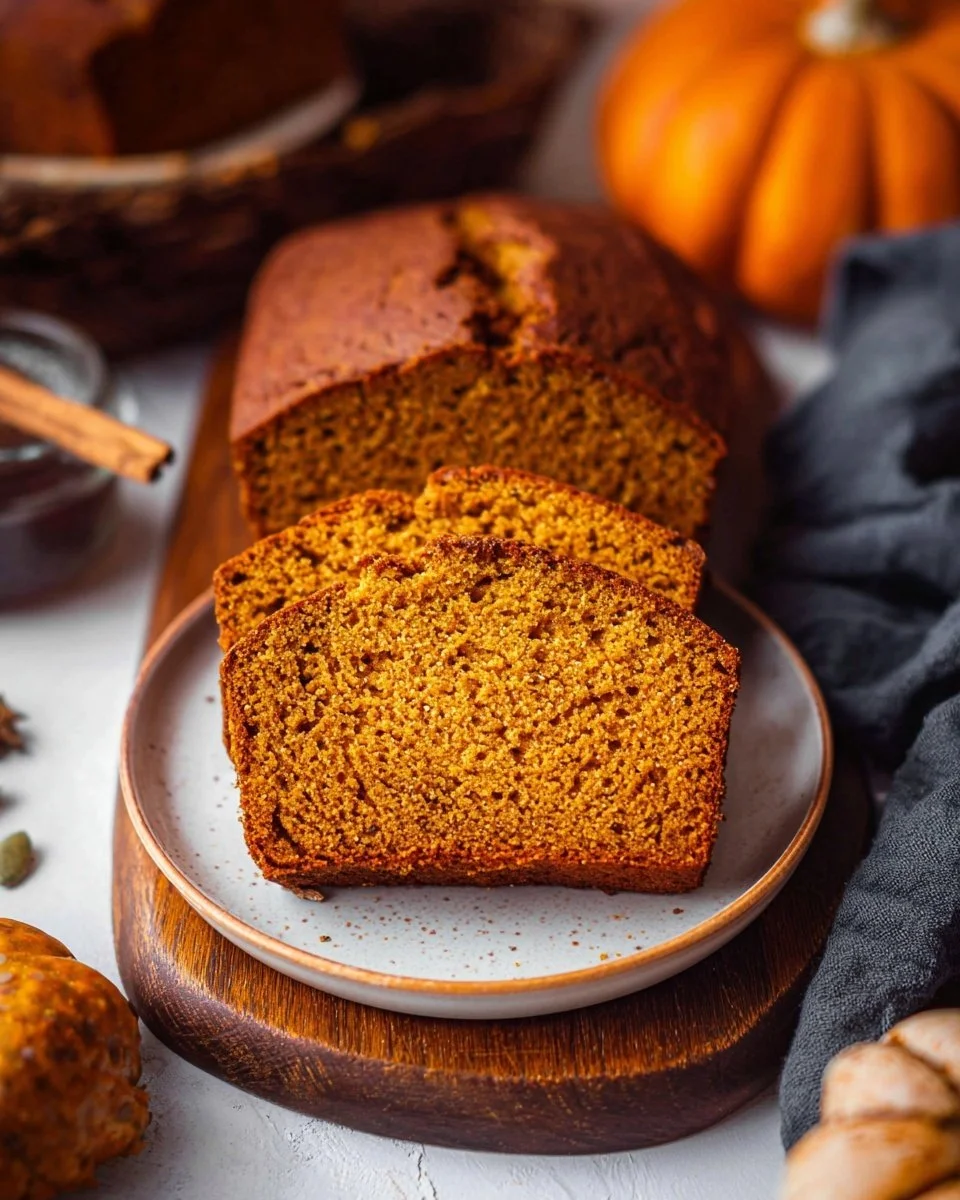 Homemade pumpkin bread sliced and served on a wooden board.