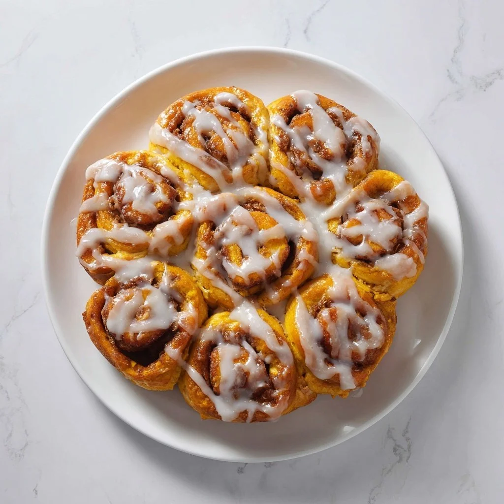 Freshly baked Pumpkin Chai Cinnamon Rolls topped with icing