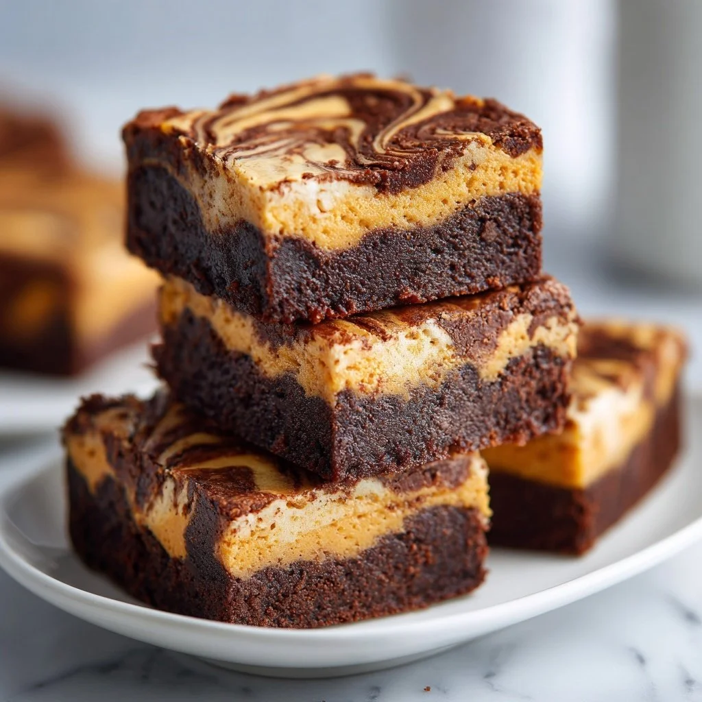 Delicious Pumpkin Cheesecake Brownies topped with cream cheese swirl.