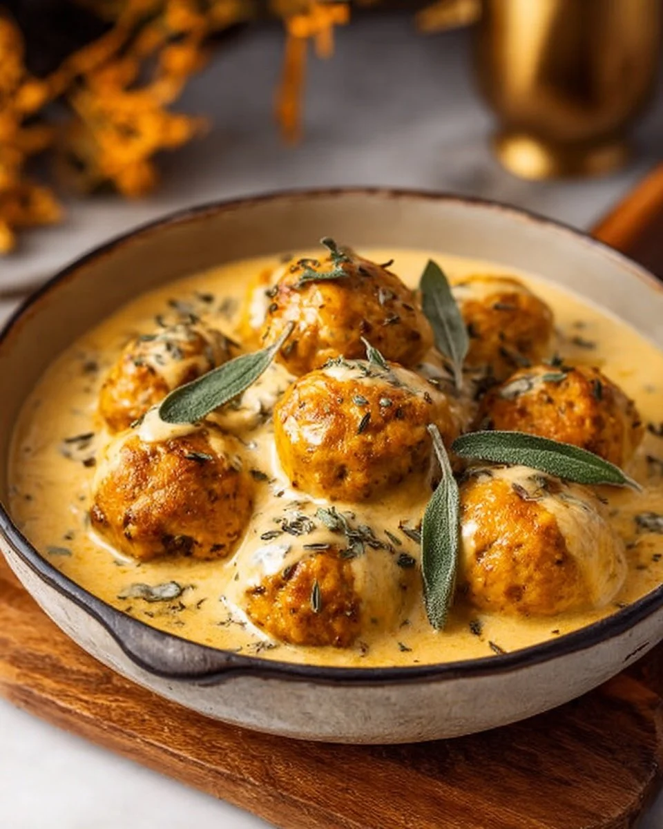 Delicious Pumpkin Chicken Meatballs served in a creamy sage sauce