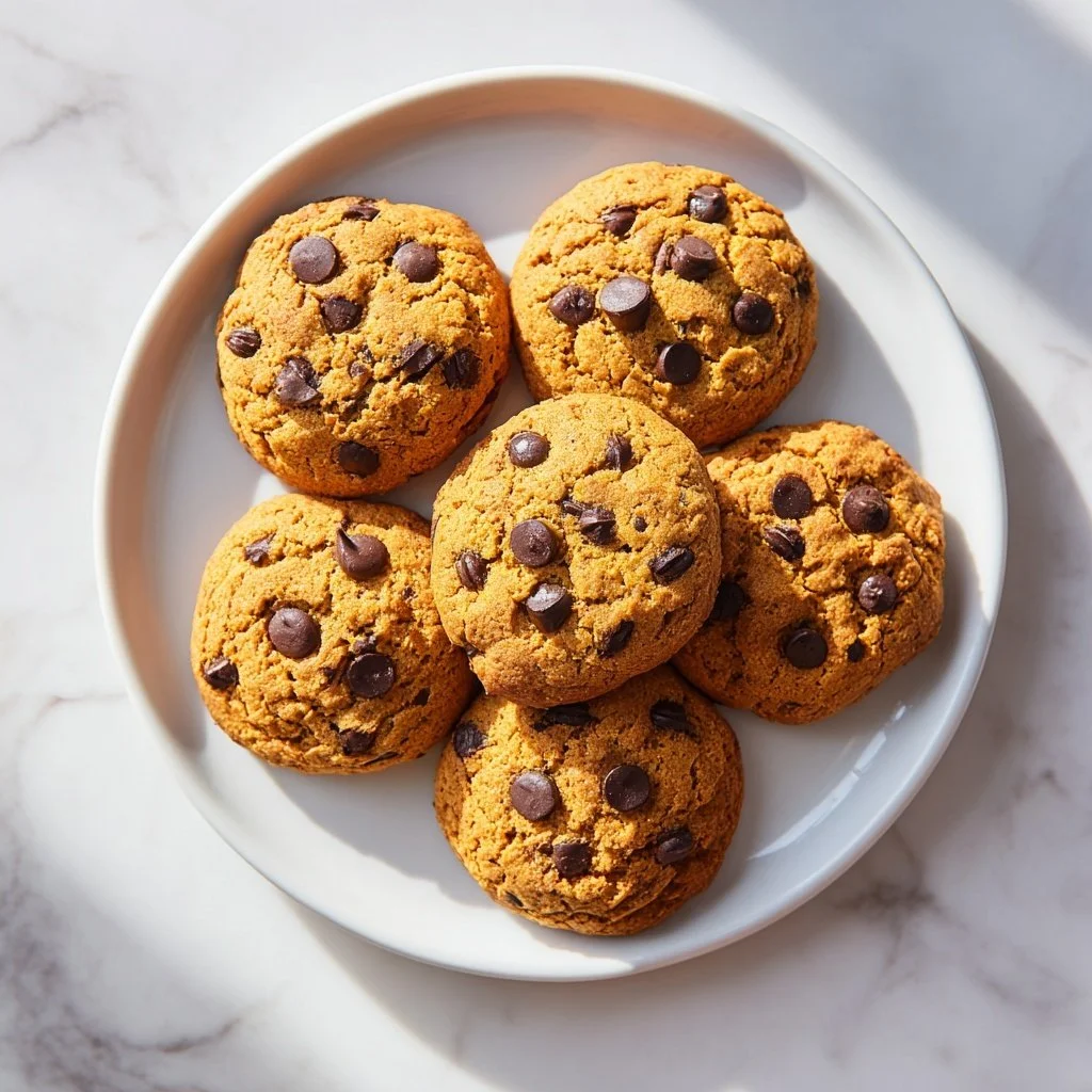 Freshly baked Pumpkin Chocolate Chip Cookies on a rustic wooden table