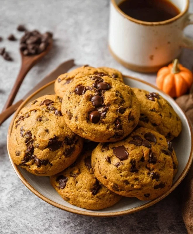Freshly baked Pumpkin Chocolate Chip Cookies on a cooling rack