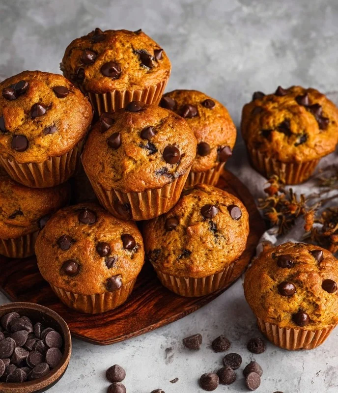 Delicious Pumpkin Chocolate Chip Muffins with chocolate chips on top