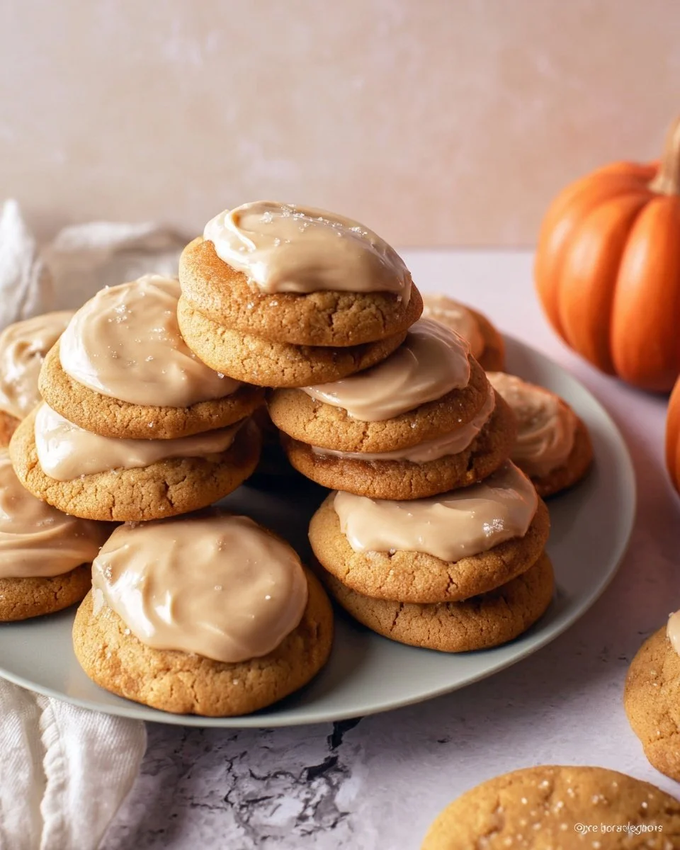 Delicious pumpkin cookies with brown sugar frosting on a plate