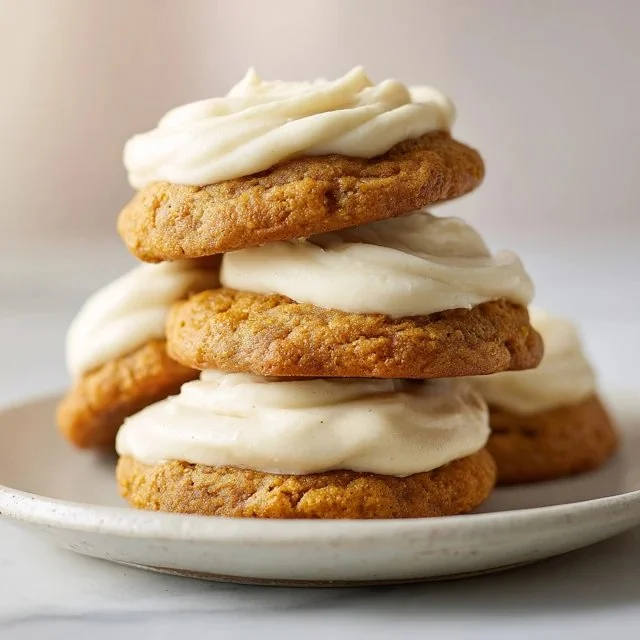 Homemade pumpkin cookies with cream cheese frosting on a plate