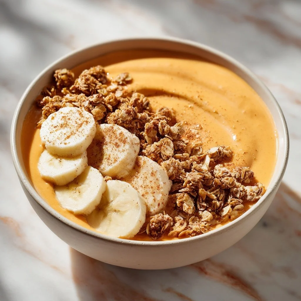 Delicious pumpkin pie smoothie bowl topped with nuts and spices